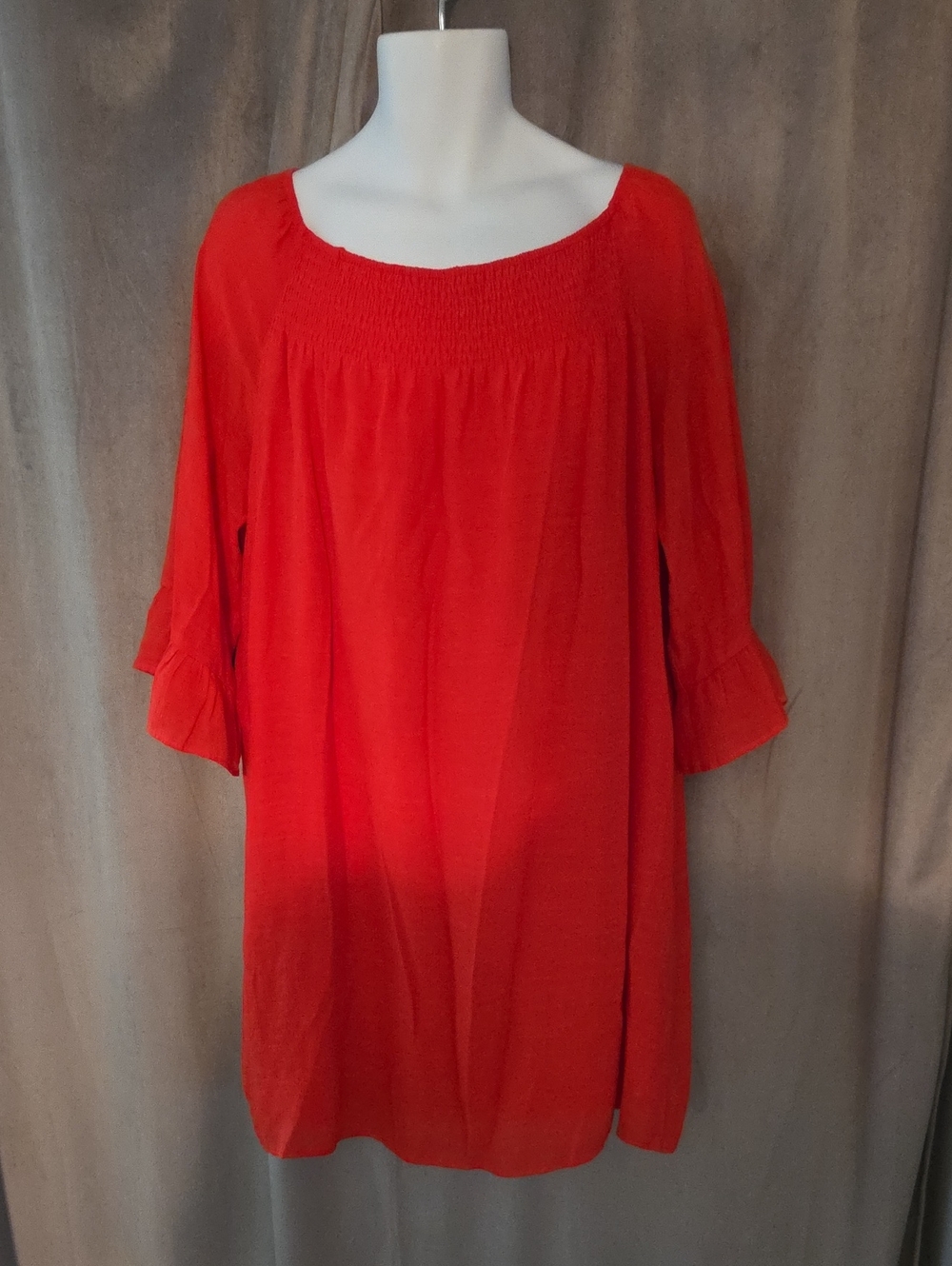 Sharagano 1X Bright Red Smocked Square-Neck Tunic Top Or Short Dress